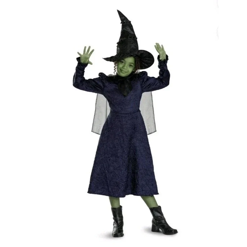 Wicked Elphaba Deluxe Kids Costume Dress Cape & Hat Girls 7-8 Medium Halloween